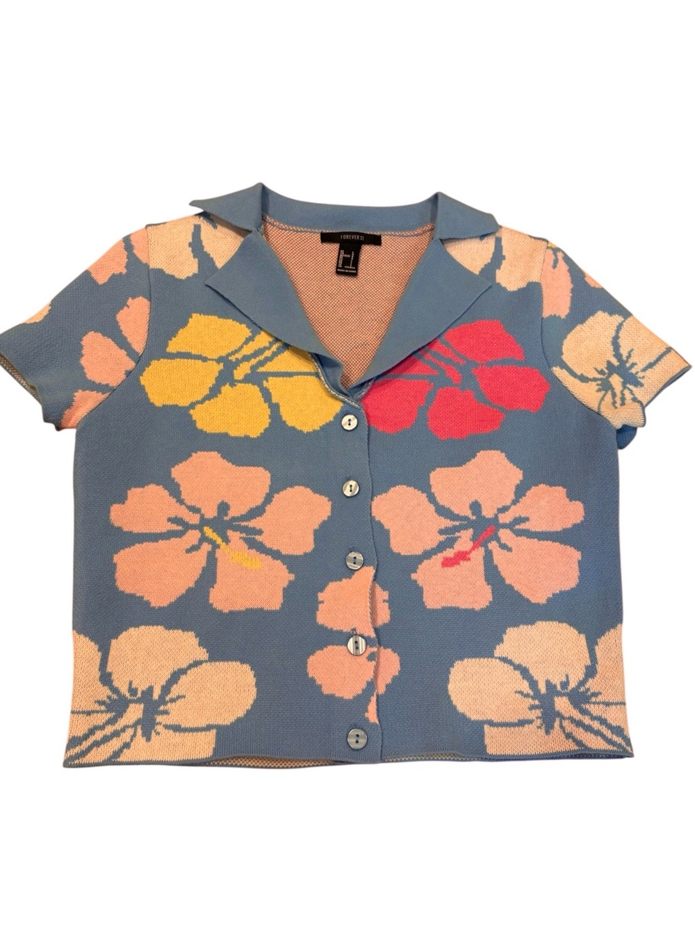 Forever 21 Floral Knit Button-Up Top - Blue with pink Flowers L juniors